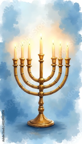 Beautifully illustrated menorah with lit candles on a soft blue background photo