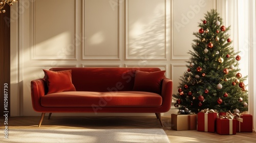 Cozy and Festive Mid Century Christmas Living Room with Modern Furnishings and