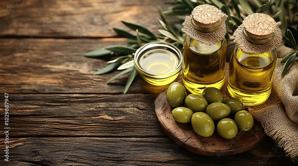 Olive oil bottles, green olives, and an olive tree branch are arranged on a rustic wooden table, highlighting their natural appeal. Olive oil bottles, green olives, and an olive tree branch are arranged on a rustic wooden table, highlighting their natural appeal.