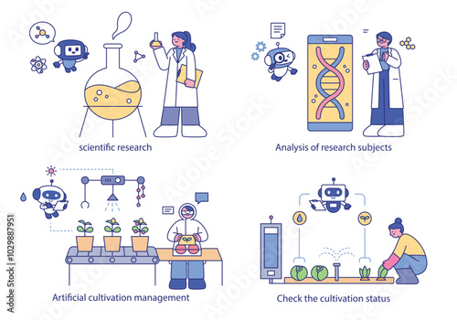 Researchers conducting scientific experiments and the artificial intelligence robots that support them. outline simple vector illustration.