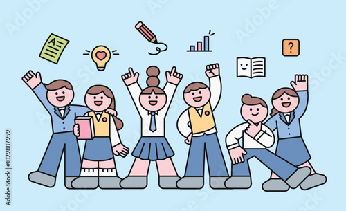 A group of cute students in their school uniforms are gathered together and striking exciting poses. outline simple vector illustration.