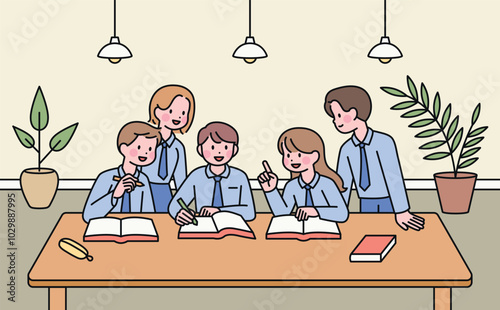 Students in school uniforms are sitting together and discussing. outline simple vector illustration.