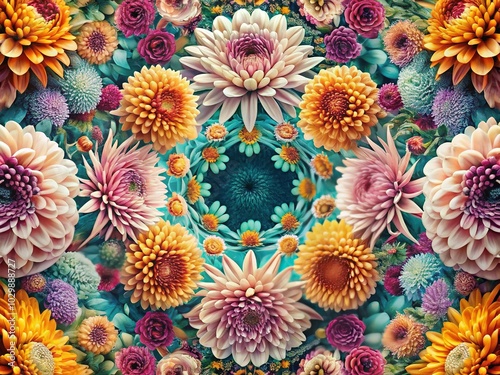 Surreal Chrysanthemum Damask Seamless Pattern in Floral Arch Design for Retro Backgrounds