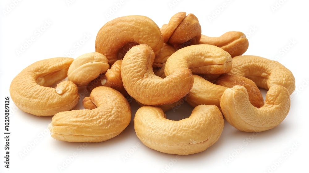 Crunchy, golden-hued cashews, freshly roasted and isolated on a pristine white backdrop, inviting indulgence. Crunchy, golden-hued cashews, freshly roasted and isolated on a pristine white backdrop, inviting indulgence.