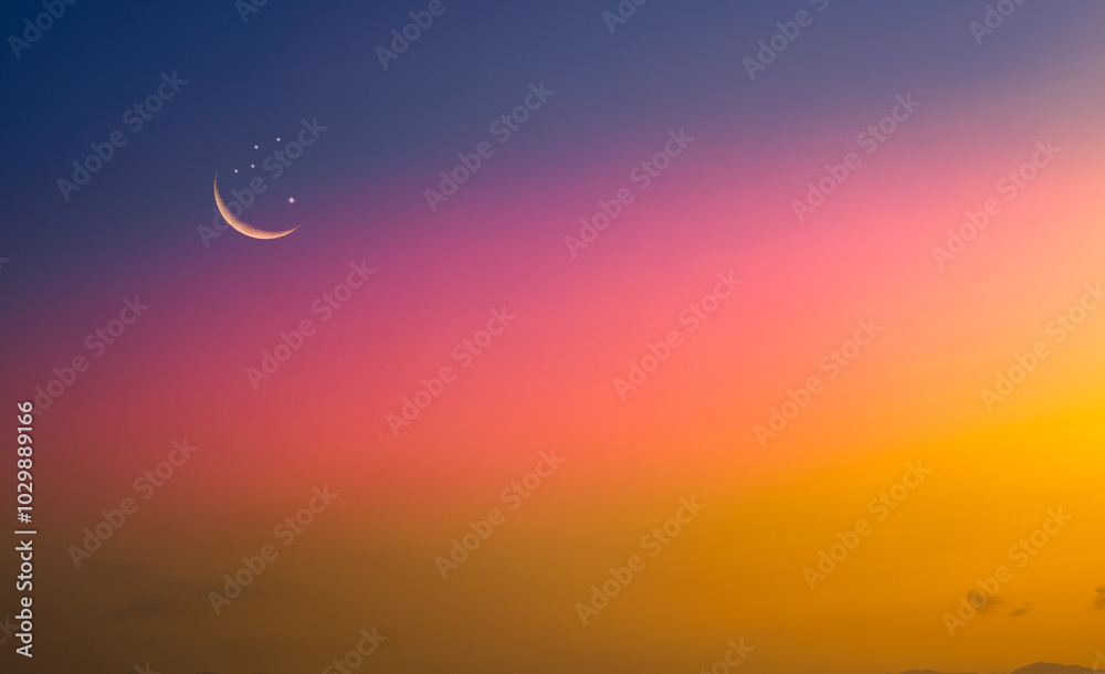 Background night sky of with crescent moon,and stars .Background Greeting card for the holy month of Ramadan of islam Background night sky of with crescent moon,and stars .Background Greeting card for the holy month of Ramadan of islam