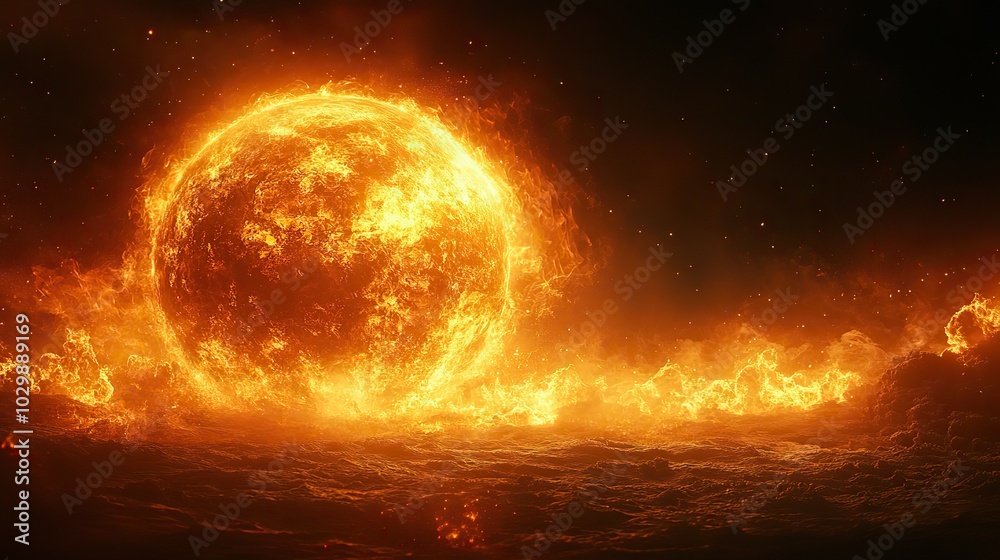 Planet Earth as a burning globe illustrates the global crisis of warming and temperature rise.