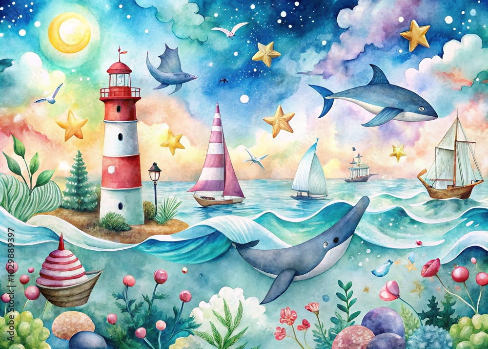 Surreal Seamless Watercolor Background with Sea Elements - Waves, Sailboat, Whale, Lighthouse, Anchor, and Shellfish Surreal Seamless Watercolor Background with Sea Elements - Waves, Sailboat, Whale, Lighthouse, Anchor, and Shellfish