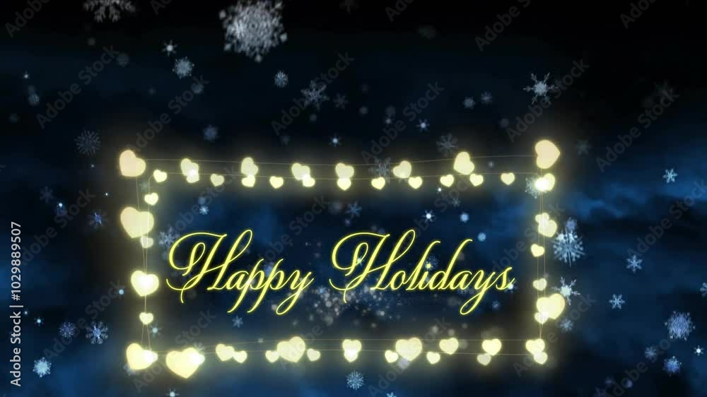 Happy Holidays text animation over glowing heart lights and snowflakes Happy Holidays text animation over glowing heart lights and snowflakes