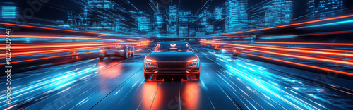 AI-powered transportation hub with levitating vehicles and automated paths