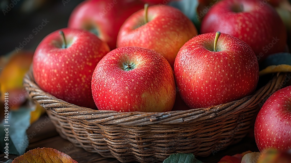 Red apples rest in a basket on a rustic garden table, with space for text. Red apples rest in a basket on a rustic garden table, with space for text.