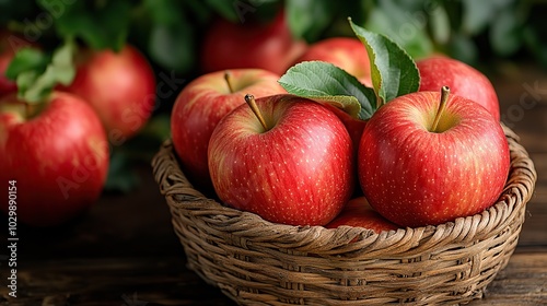 Red apples rest in a basket on a rustic garden table, with space for text.