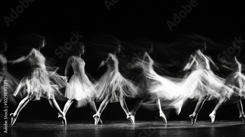 black and white long exposure photo of a group of ballet dancers with motion blur