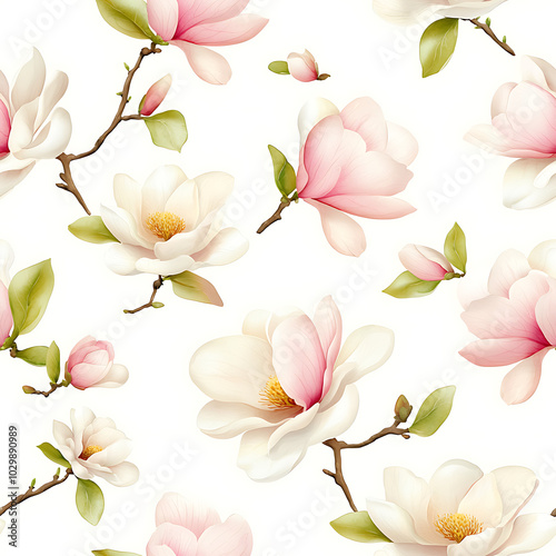 Magnolia flowers in soft pinks and whites create serene and elegant floral pattern. delicate blooms and lush green leaves evoke sense of tranquility and beauty