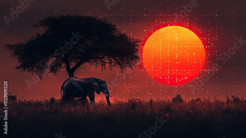 Silhouette of an elephant and a tree against a sunset backdrop.