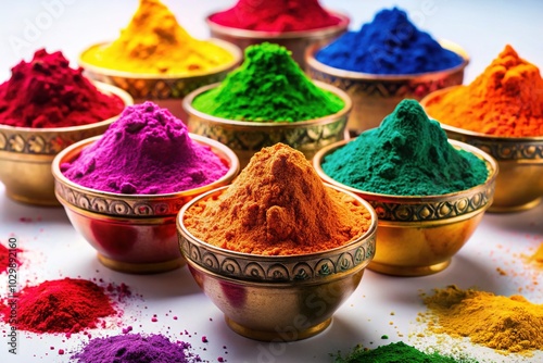 Vibrant Vector Design Pots with Colorful Holi Powder on White Background â€“ Perfect for Celebrating Festivals, Cultural Events, and Artistic Displays photo