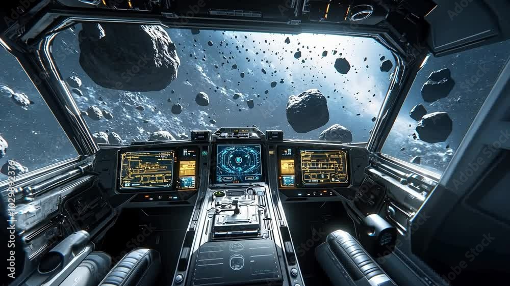  A spaceship cockpit view with an asteroid field outside the window. The view is from the pilot's seat, and the controls are visible.
