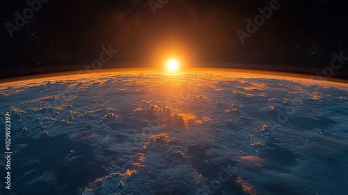 Sunrise and moon accompany planet Earth in outer space.