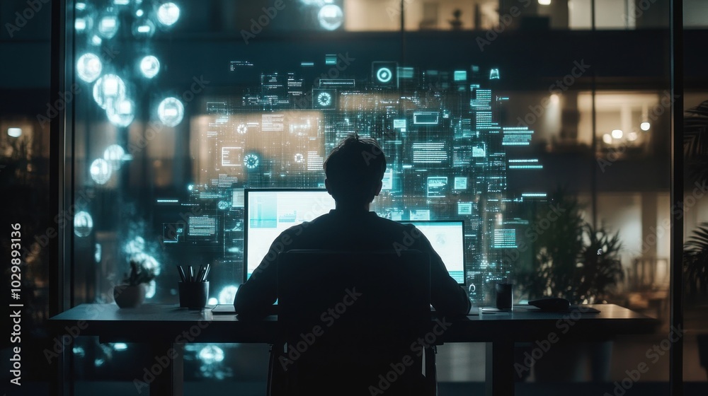 A man working on a computer in an office at night, with a futuristic interface projected onto the window. A man working on a computer in an office at night, with a futuristic interface projected onto the window.