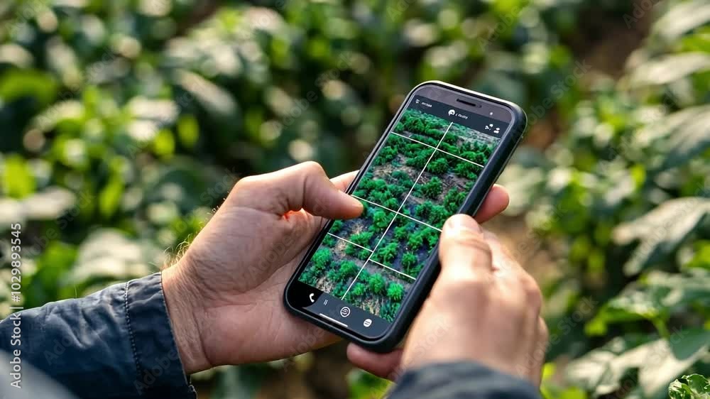 A farmer uses a smartphone app to monitor his coffee plantation. Close-up of hands holding the phone, showing a detailed digital map of the field. A farmer uses a smartphone app to monitor his coffee plantation. Close-up of hands holding the phone, showing a detailed digital map of the field.