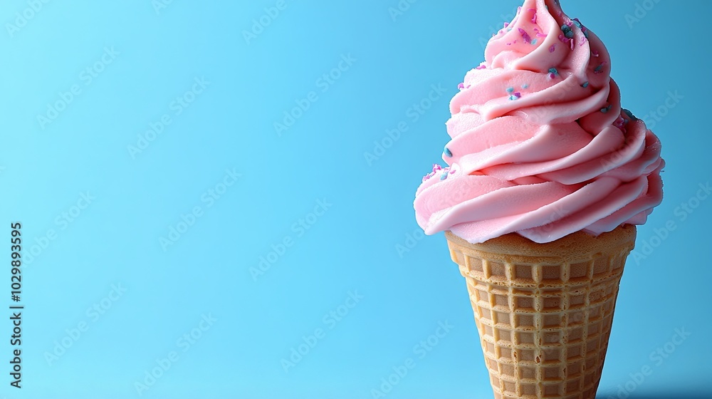 Delicious Pink Ice Cream Cone on Blue Background Delicious Pink Ice Cream Cone on Blue Background