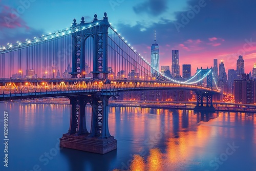 The HD wallpaper captures the Manhattan Bridge at dusk in New York City, showcasing the city's lighting and atmosphere.