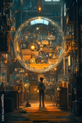 A solitary figure stands in a dimly lit, industrial alleyway, gazing up at a giant transparent sphere filled with mysterious objects.