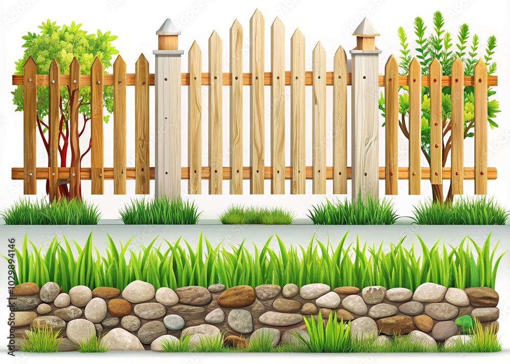 Fototapeta premium Vintage Wooden Picket Fence and Stone Wall Illustrations for Garden, Farm, and Backyard Decor on White Background