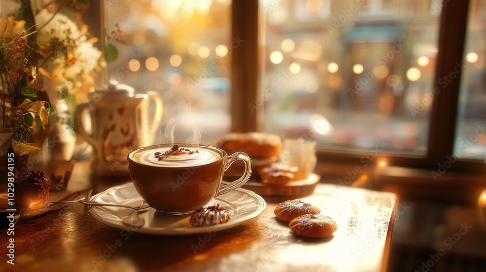 A steaming cup of coffee with cookies on a table by the window, with a blurred city background. A steaming cup of coffee with cookies on a table by the window, with a blurred city background.