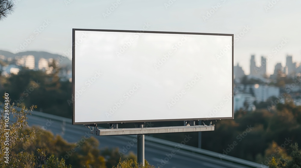 Blank billboard mounted on a highway with a blurred cityscape in the background, perfect for advertising text, high-end magazine photography, deep depth of field, Product photography with high Blank billboard mounted on a highway with a blurred cityscape in the background, perfect for advertising text, high-end magazine photography, deep depth of field, Product photography with high