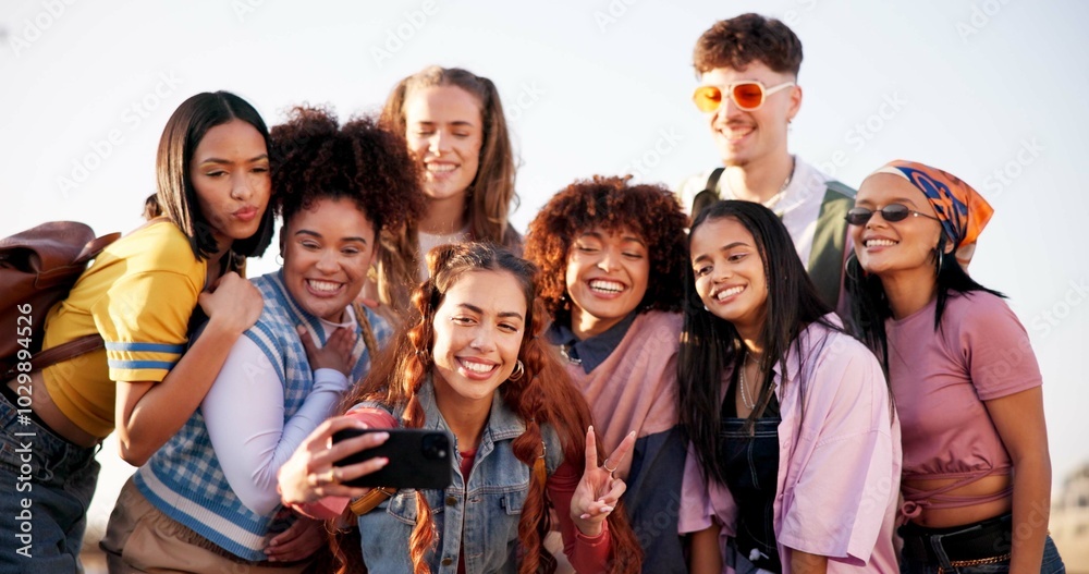 Friends, selfie and gen z outdoor for social media, internet and photography with cool trendy people. Group, memory and smile for live streaming, profile picture and diversity with website and happy Friends, selfie and gen z outdoor for social media, internet and photography with cool trendy people. Group, memory and smile for live streaming, profile picture and diversity with website and happy