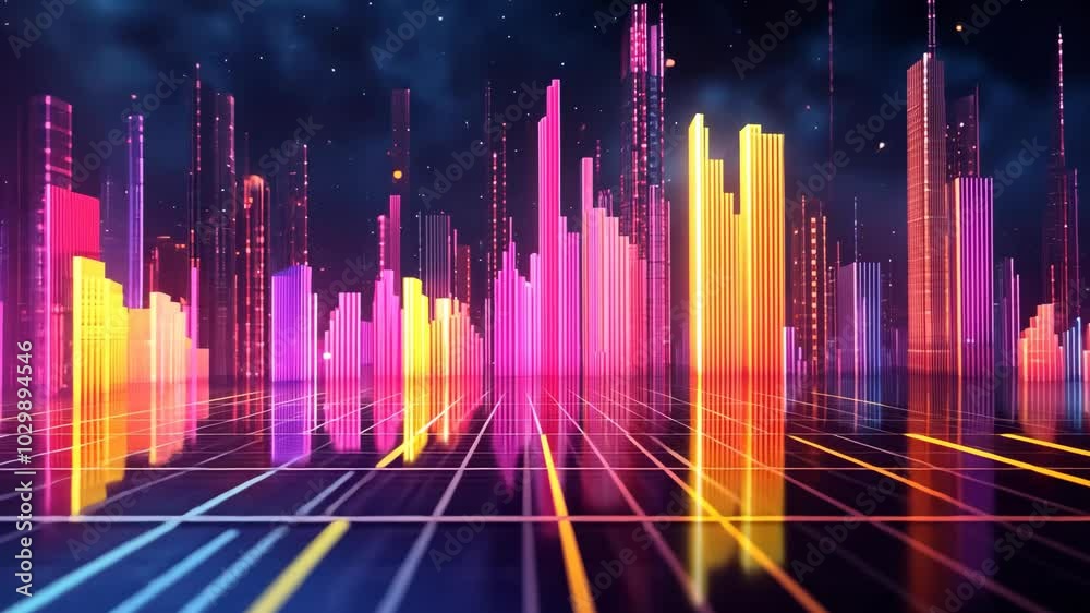 A futuristic city skyline with neon lights at night A futuristic city skyline with neon lights at night