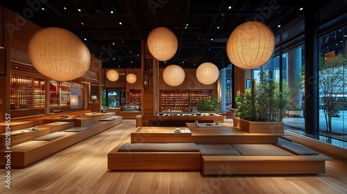 The interior of a modern Japanese restaurant combines traditional elements with contemporary design.