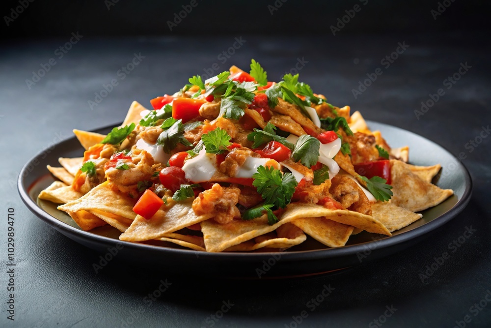 Silhouette chicken nachos on a plate black background made with Silhouette chicken nachos on a plate black background made with