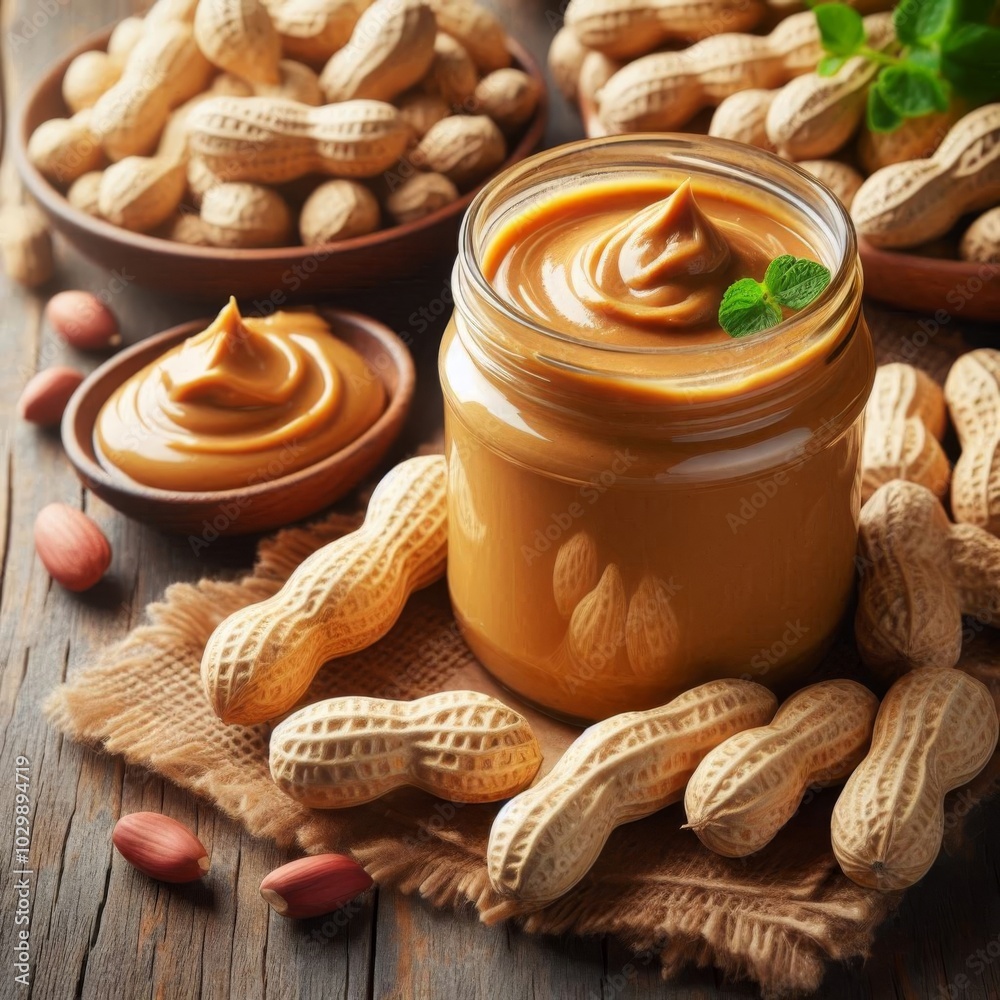 Freshly made peanut butter in a jar alongside whole peanuts on a vintage wooden surface Freshly made peanut butter in a jar alongside whole peanuts on a vintage wooden surface