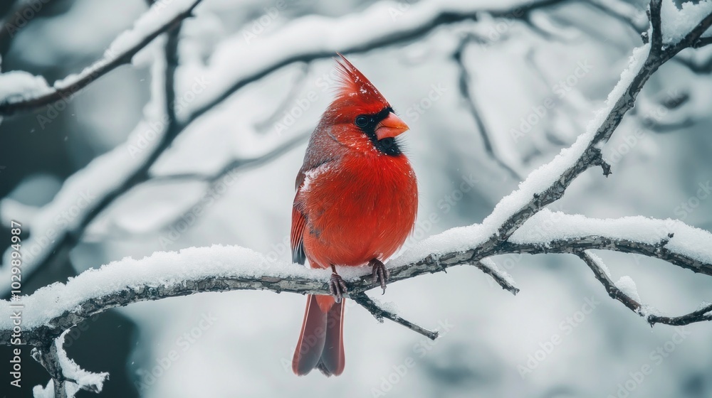 Northern Cardinal: A male northern cardinal sitting on a snowy tree branch, its bright red feathers contrasting against the snow. Northern Cardinal: A male northern cardinal sitting on a snowy tree branch, its bright red feathers contrasting against the snow.