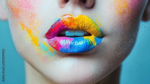 close-up of vivid multicolored artistic lips in vibrant colors