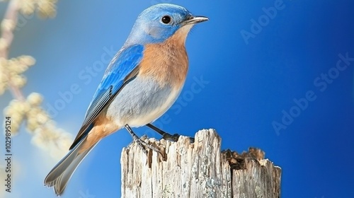 Eastern Bluebird: An Eastern bluebird perched on a wooden fence post, with a bright blue sky background.