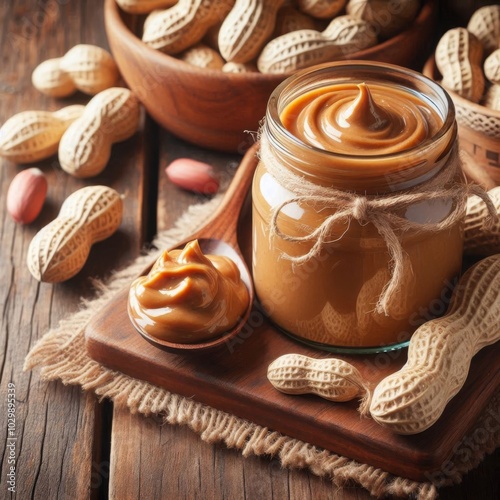 Freshly made peanut butter in a jar alongside whole peanuts on a vintage wooden surface