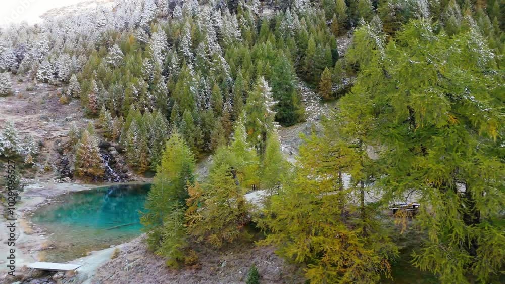 Reveal Droneshot of the mountain lake Reveal Droneshot of the mountain lake