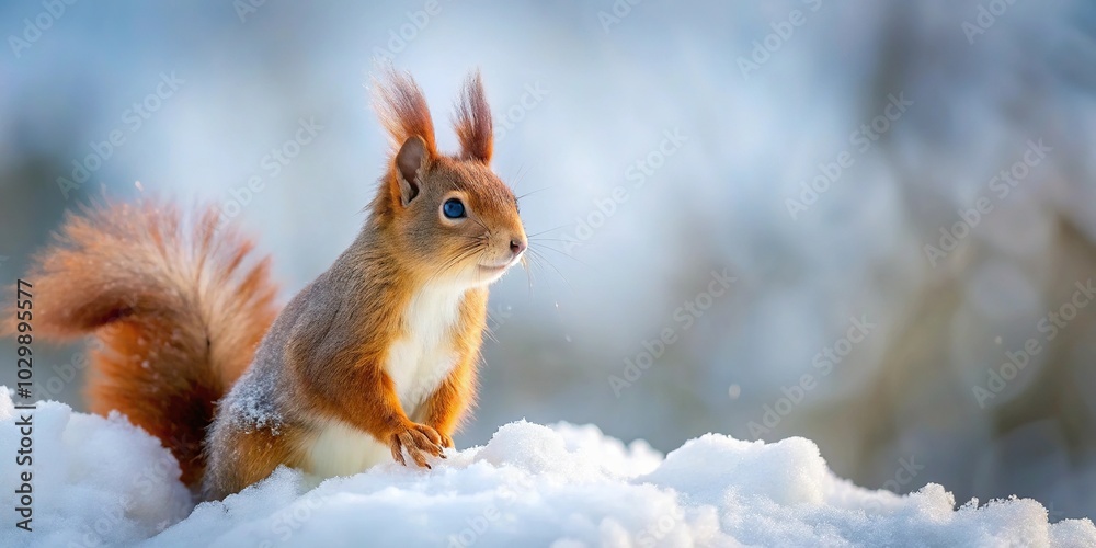 Snowy wintery landscape with red squirrel Snowy wintery landscape with red squirrel