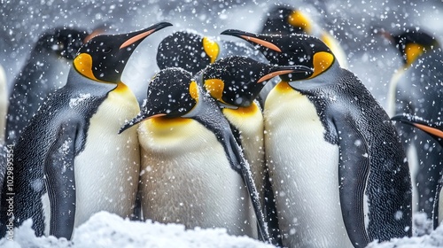 Emperor Penguin: A colony of emperor penguins huddling together in the Antarctic snow.