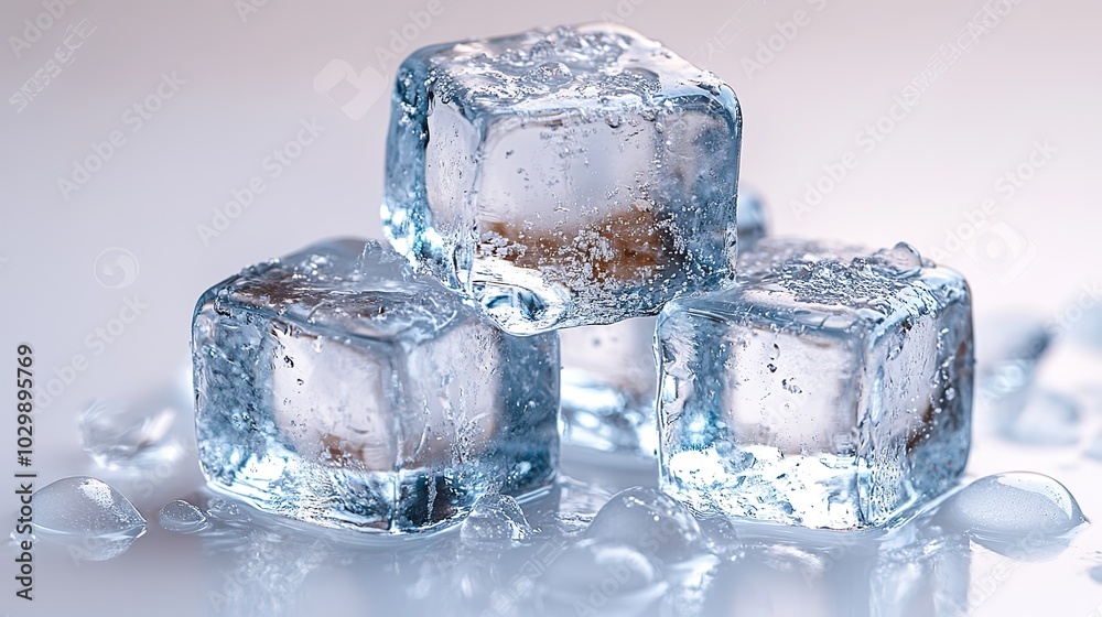 Three transparent ice cubes are stacked on a white background in close-up. Three transparent ice cubes are stacked on a white background in close-up.