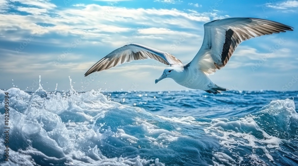 Fototapeta premium Albatross: An albatross gliding over ocean waves, with its wings stretched wide.