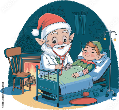 Santa Claus, dressed as a doctor, tends to a sick elf in a cozy room with a fireplace
