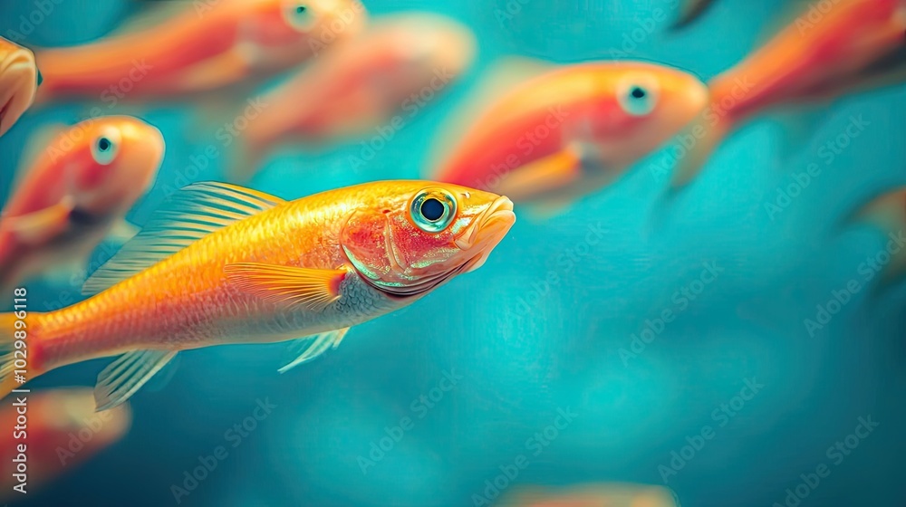 Naklejka premium Colorful fish swimming in blue water, creating a vibrant underwater scene.