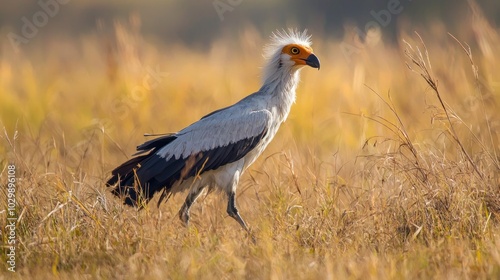 Secretary Bird: A secretary bird walking through tall grass, hunting for prey.