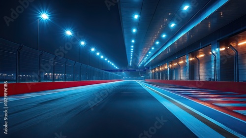 Under blue lights, a race track is illuminated.