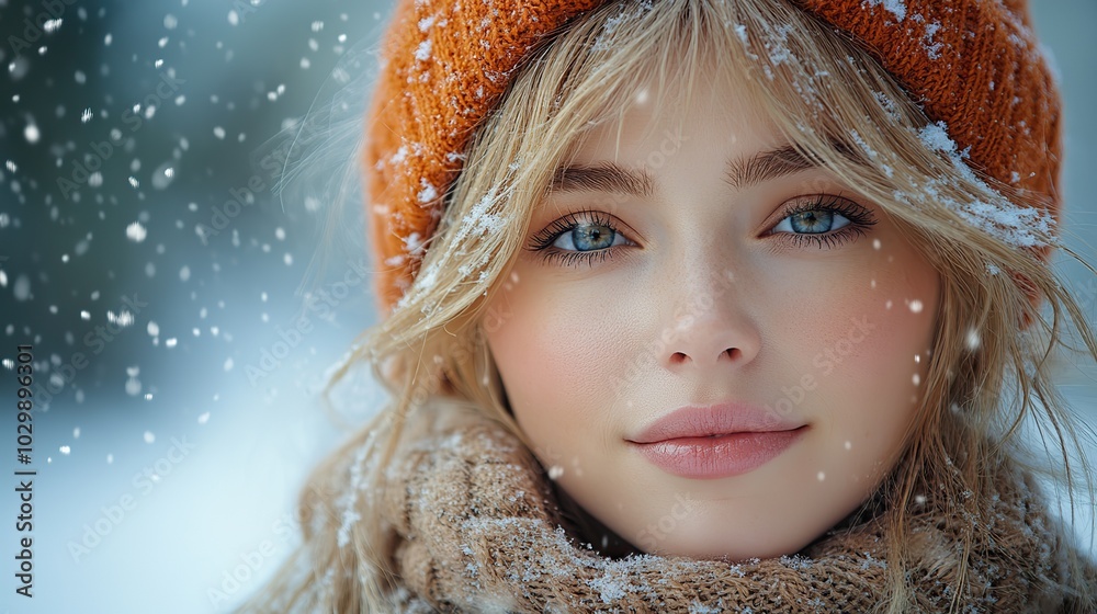 Under falling snow, a pretty woman with blond hair feels the winter wind. Under falling snow, a pretty woman with blond hair feels the winter wind.