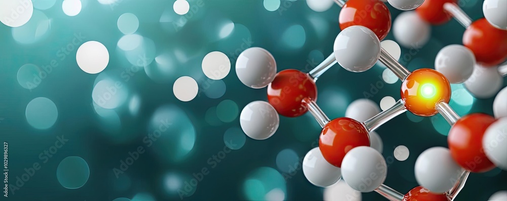 Molecular structure with red and white atoms, blurred background. Molecular structure with red and white atoms, blurred background.