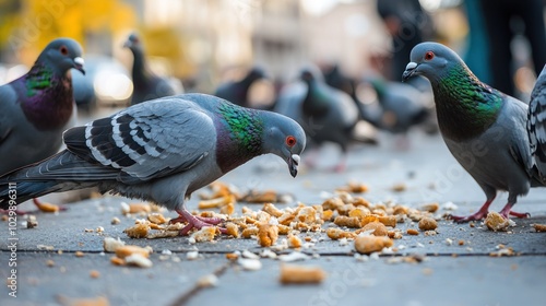 Pigeon: A group of pigeons pecking at breadcrumbs on a city sidewalk.